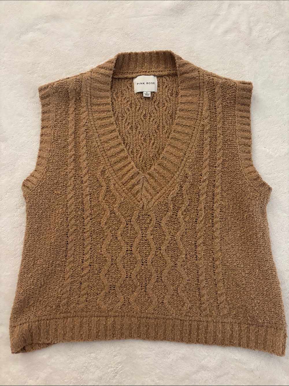 Pink Rose Cable Knit V-Neck Sweater Vest - Camel Brown